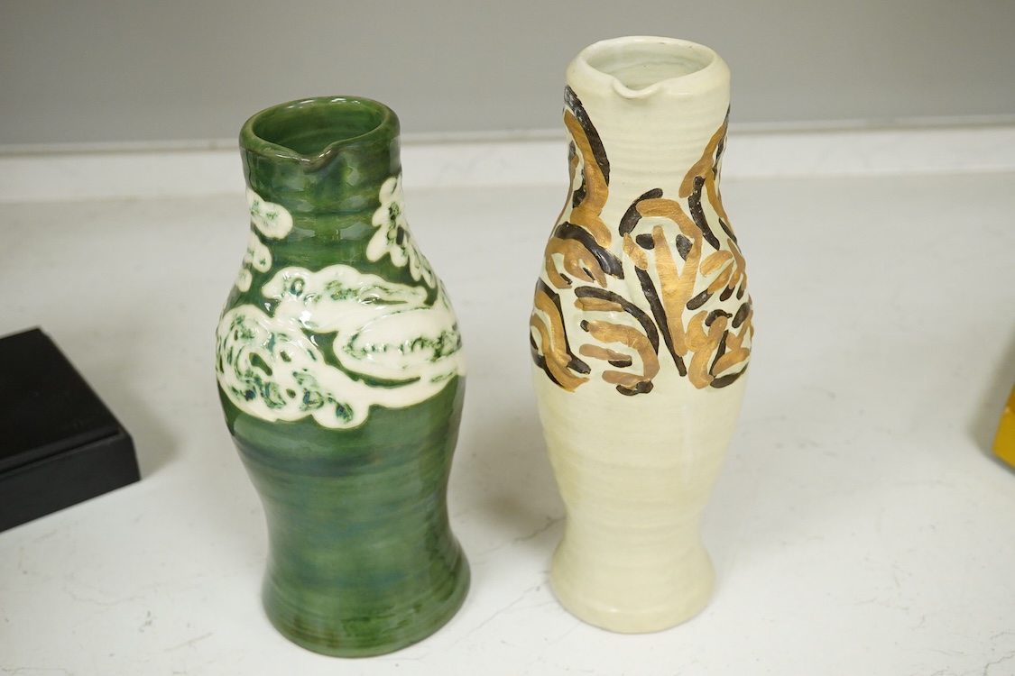 Nicola Tassie (b.1960), Three jugs and a slipware bowl, each signed to the bases, largest 28cm high